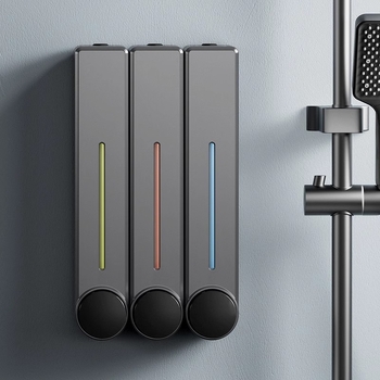 Стенен диспенсър за течен сапун за ръце, шампоан и душ гел | Пластмаса, окислена повърхност, модерен минималистичен стил, бутон за натиск