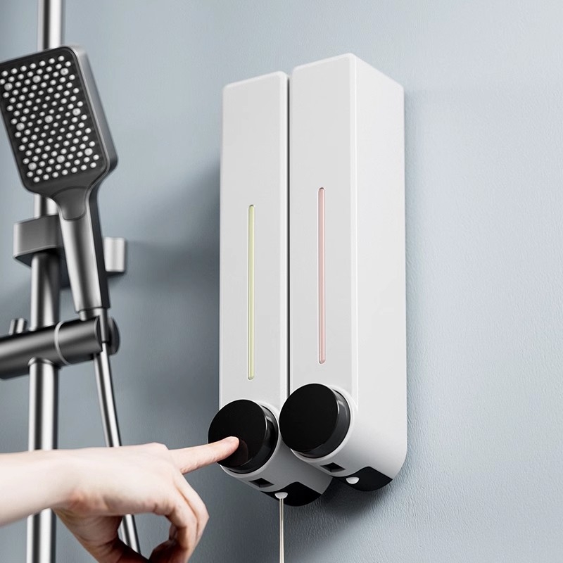 Стенен диспенсър за течен сапун за ръце, шампоан и душ гел | Пластмаса, окислена повърхност, модерен минималистичен стил, бутон за натиск