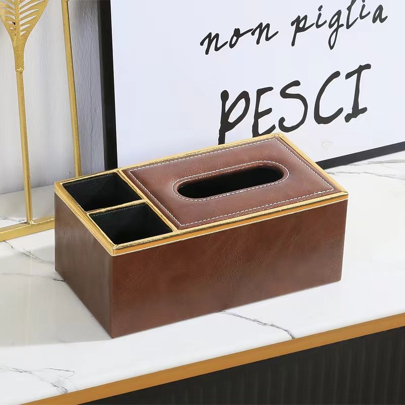 Кожена кутия за салфетки с дървесен модел - луксозна настолна мултифункционална кутия за съхранение, издърпващи се салфетки, печат на лого, водоустойчива