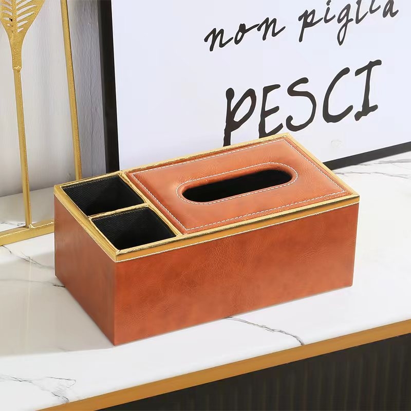 Кожена кутия за салфетки с дървесен модел - луксозна настолна мултифункционална кутия за съхранение, издърпващи се салфетки, печат на лого, водоустойчива