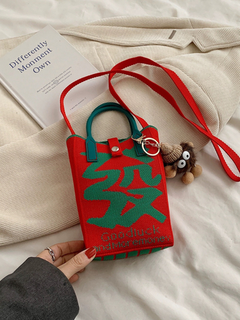 Geantă mică de vară, crossbody tricotată, stil urban-simplu, poliester, formă de găleată, închidere cu lacăt, buzunar pentru telefon