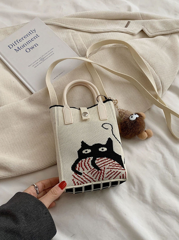 Geantă mică de vară, crossbody tricotată, stil urban-simplu, poliester, formă de găleată, închidere cu lacăt, buzunar pentru telefon