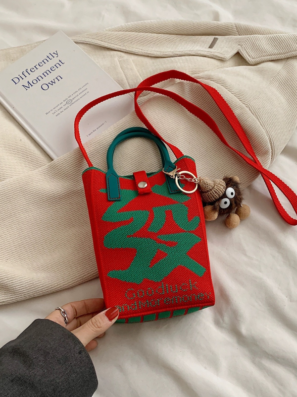 Geantă mică de vară, crossbody tricotată, stil urban-simplu, poliester, formă de găleată, închidere cu lacăt, buzunar pentru telefon