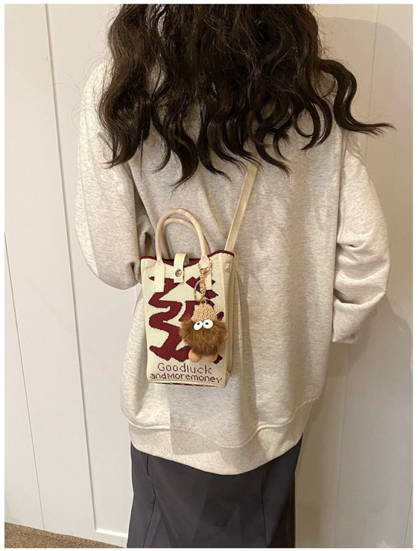 Geantă mică de vară, crossbody tricotată, stil urban-simplu, poliester, formă de găleată, închidere cu lacăt, buzunar pentru telefon