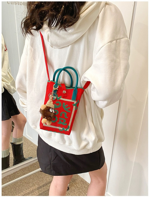 Geantă mică de vară, crossbody tricotată, stil urban-simplu, poliester, formă de găleată, închidere cu lacăt, buzunar pentru telefon