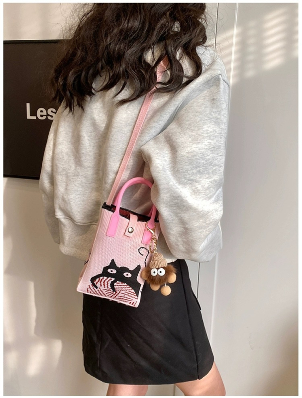 Geantă mică de vară, crossbody tricotată, stil urban-simplu, poliester, formă de găleată, închidere cu lacăt, buzunar pentru telefon