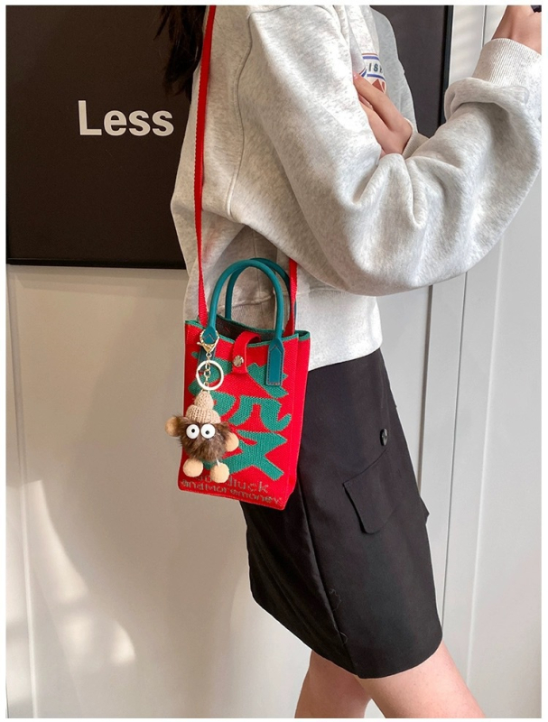 Geantă mică de vară, crossbody tricotată, stil urban-simplu, poliester, formă de găleată, închidere cu lacăt, buzunar pentru telefon