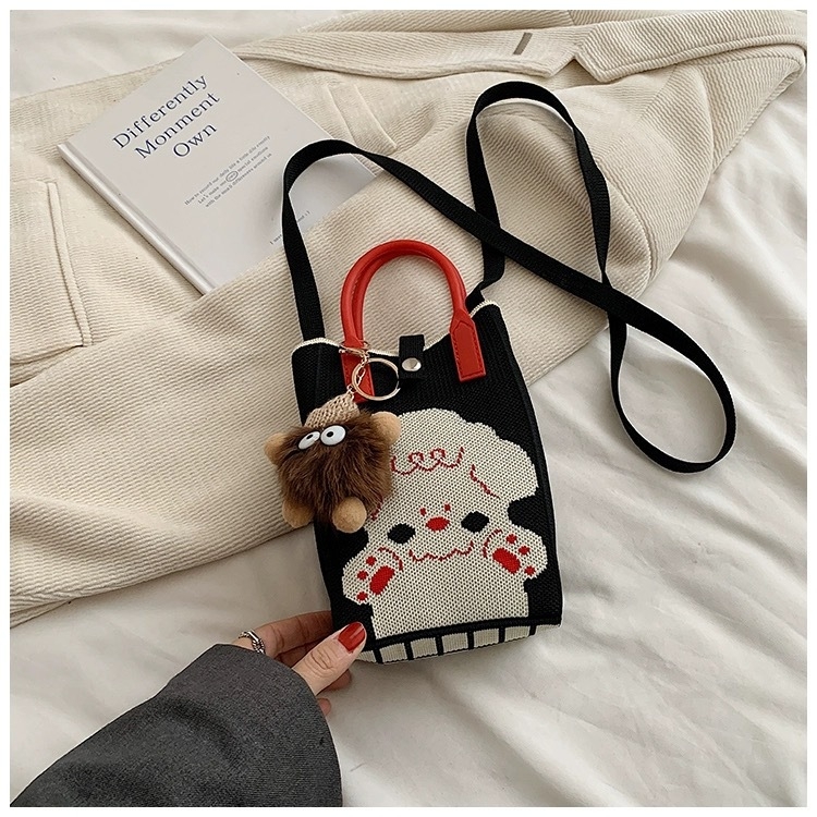 Geantă mică de vară, crossbody tricotată, stil urban-simplu, poliester, formă de găleată, închidere cu lacăt, buzunar pentru telefon