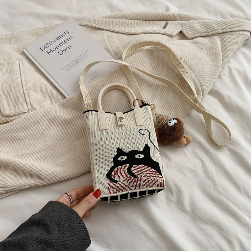 Geantă mică de vară, crossbody tricotată, stil urban-simplu, poliester, formă de găleată, închidere cu lacăt, buzunar pentru telefon