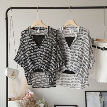 Γυναικείο σετ δύο μπλουζών: πολυεστέρας-ελαστάν, V-λαιμός, πτώση ώμων, 3D κέντημα