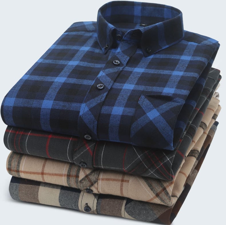 Cămașă bărbați cu mânecă lungă, carouri, bumbac, guler pătrat, stil casual lejer, potrivită pentru primăvară și toamnă