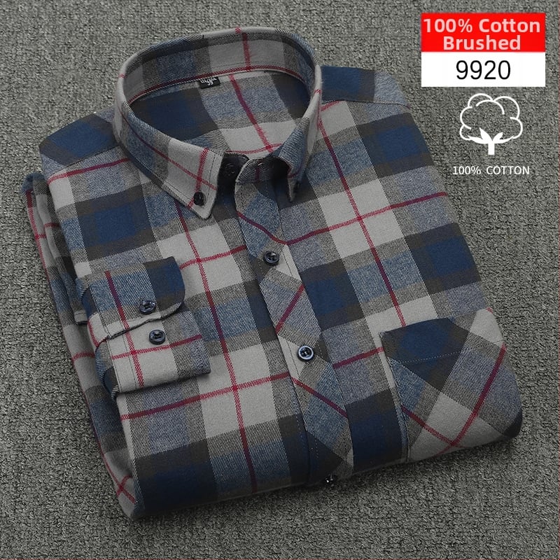 Cămașă bărbați cu mânecă lungă, carouri, bumbac, guler pătrat, stil casual lejer, potrivită pentru primăvară și toamnă