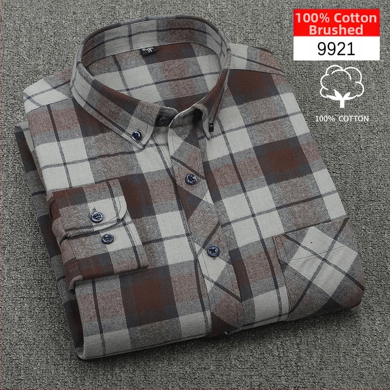 Cămașă bărbați cu mânecă lungă, carouri, bumbac, guler pătrat, stil casual lejer, potrivită pentru primăvară și toamnă
