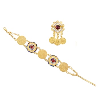 Személyre szabott bohém stílusú kő és gyöngy ékszer bross szett és széles arany érme karkötő