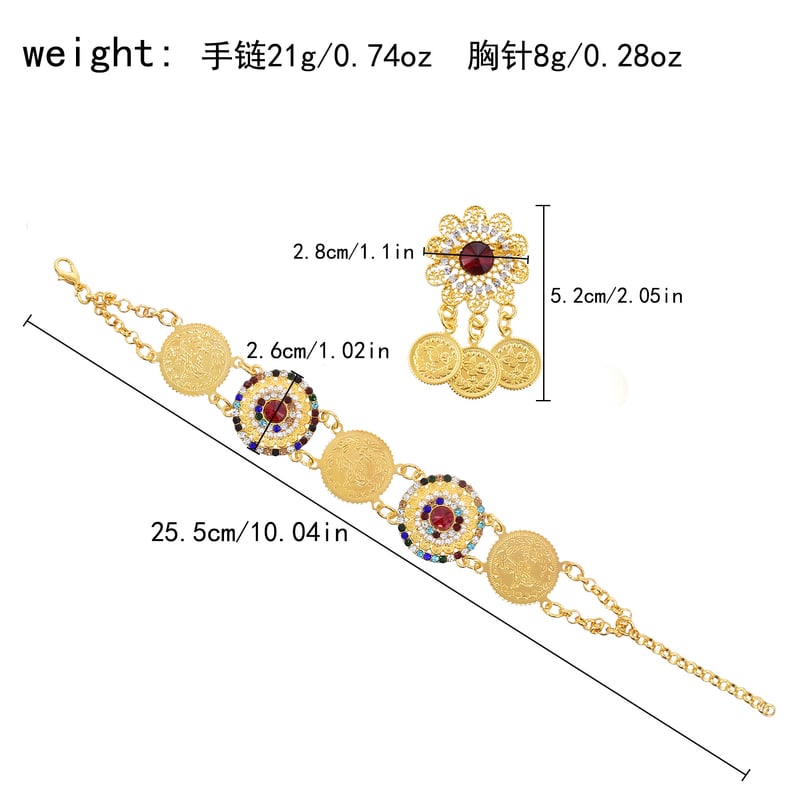 Személyre szabott bohém stílusú kő és gyöngy ékszer bross szett és széles arany érme karkötő