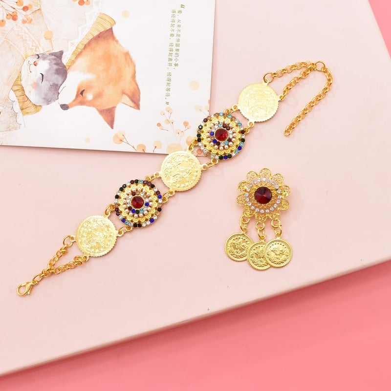 Személyre szabott bohém stílusú kő és gyöngy ékszer bross szett és széles arany érme karkötő