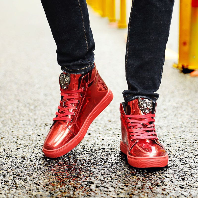 Pantofi bărbătești din material strălucitor, anti-șifonare, casual, cu înălțime mărită cu 5 cm, cizme înalte roșii, adidași moderni.