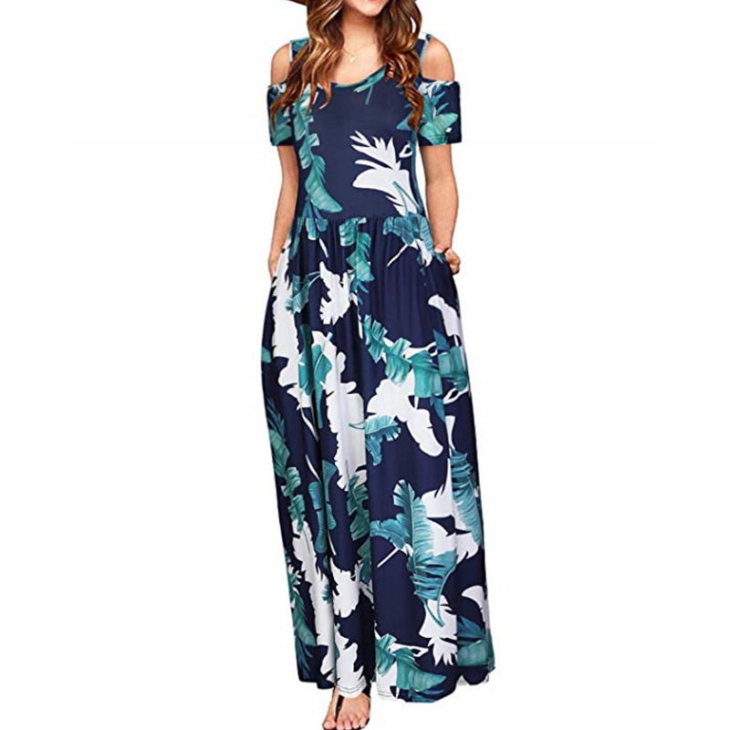 Rochie imprimeată cu guler rotund în stil european și american, rochie elegantă lungă de sărbătoare, cu umerii goi, îmbrăcăminte pentru femei