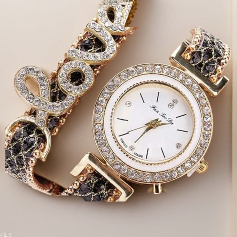 Ceas de damă cu brățară din cuarț, incrustat cu diamante, LOVE, cronograf delicat.