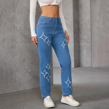 Γυναικείο τζιν ψηλόμεσο με απλικέ και κεντημένο αστέρι, casual, σε ίσια γραμμή, με φθινοπωρινά σύνορα
