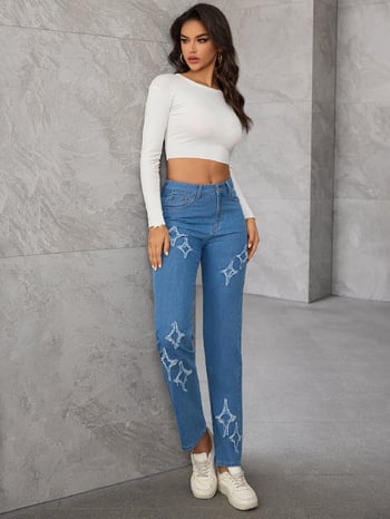 Γυναικείο τζιν ψηλόμεσο με απλικέ και κεντημένο αστέρι, casual, σε ίσια γραμμή, με φθινοπωρινά σύνορα
