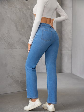 Γυναικείο τζιν ψηλόμεσο με απλικέ και κεντημένο αστέρι, casual, σε ίσια γραμμή, με φθινοπωρινά σύνορα