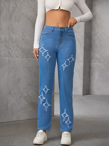 Γυναικείο τζιν ψηλόμεσο με απλικέ και κεντημένο αστέρι, casual, σε ίσια γραμμή, με φθινοπωρινά σύνορα