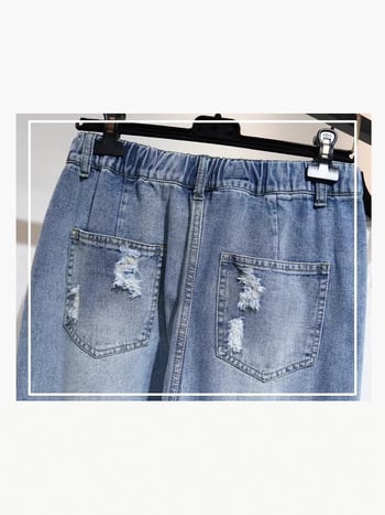 Γυναικείο τζιν παντελόνι plus size, καλοκαιρινό, για γυναίκες plus size έως 90 κιλά, casual, με σκισίματα, κοντά, ψηλόμεσα, χαλαρά και άνετα.