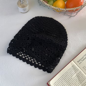 Пролетно/лятна тънка ръчно плетена шапка за жени, куха плетена вълнена шапка, сладка и артистична, шапка с покривка за глава, която отслабва лицето