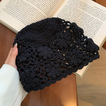 Пролетно/лятна тънка ръчно плетена шапка за жени, куха плетена вълнена шапка, сладка и артистична, шапка с покривка за глава, която отслабва лицето