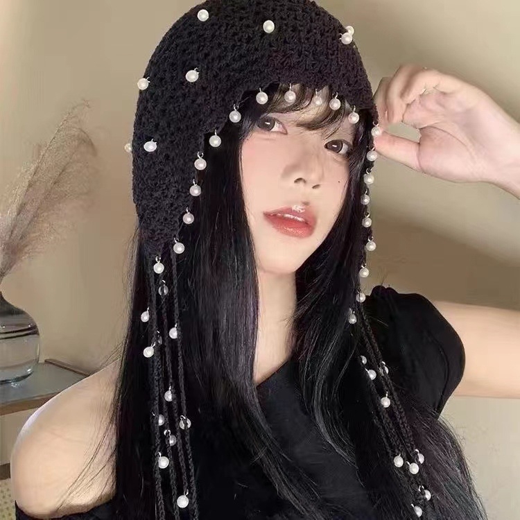 Пролетно/лятна тънка ръчно плетена шапка за жени, куха плетена вълнена шапка, сладка и артистична, шапка с покривка за глава, която отслабва лицето