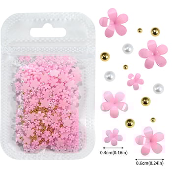 200 διακοσμητικά νυχιών με πέντε πέταλα λουλουδιών, λευκά και ροζ ακρυλικά λουλούδια με χρυσές και ασημένιες χάντρες, λουλούδια ρητίνης.