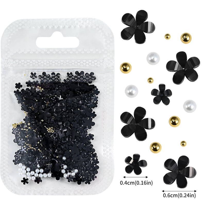 200 διακοσμητικά νυχιών με πέντε πέταλα λουλουδιών, λευκά και ροζ ακρυλικά λουλούδια με χρυσές και ασημένιες χάντρες, λουλούδια ρητίνης.