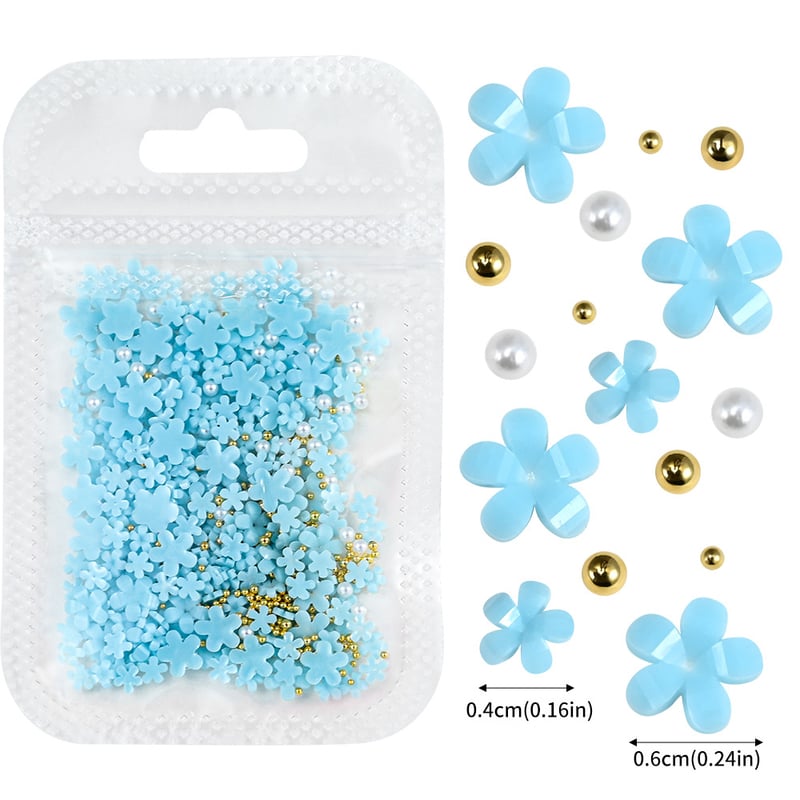 200 διακοσμητικά νυχιών με πέντε πέταλα λουλουδιών, λευκά και ροζ ακρυλικά λουλούδια με χρυσές και ασημένιες χάντρες, λουλούδια ρητίνης.