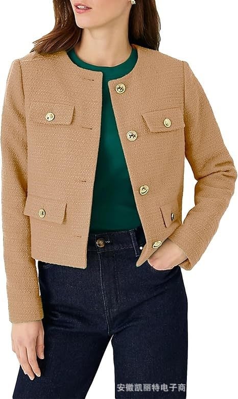 Îmbrăcăminte pentru femei pentru uz transfrontalier 2025, palton scurt de înaltă calitate, cu guler rotund, în stil Chanel, de toamnă-iarnă, în stil Chanel, tweed francez pentru femei