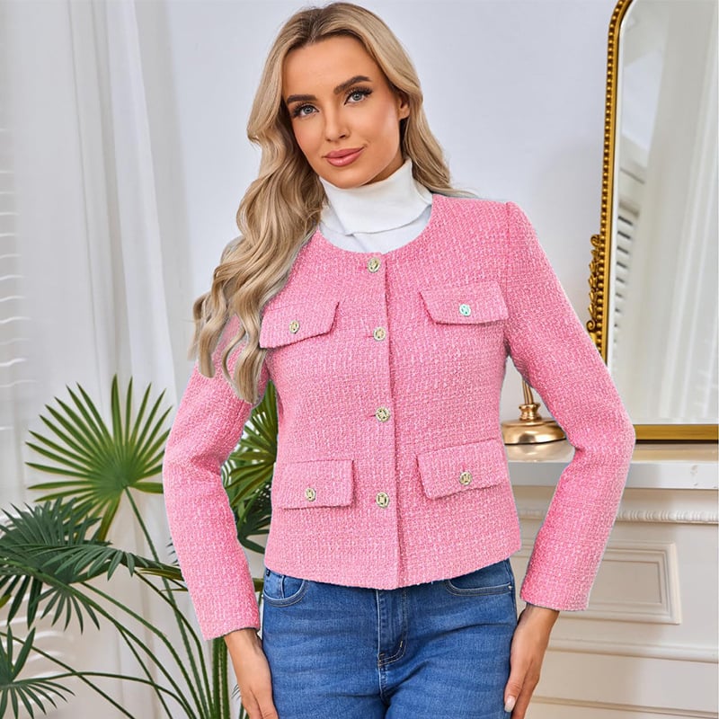 Îmbrăcăminte pentru femei pentru uz transfrontalier 2025, palton scurt de înaltă calitate, cu guler rotund, în stil Chanel, de toamnă-iarnă, în stil Chanel, tweed francez pentru femei