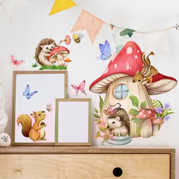 MS4268 Autocolant de perete nou cu arici, veveriță și căsuță cu ciuperci de desene animate pentru camera copiilor, sufragerie și dormitor