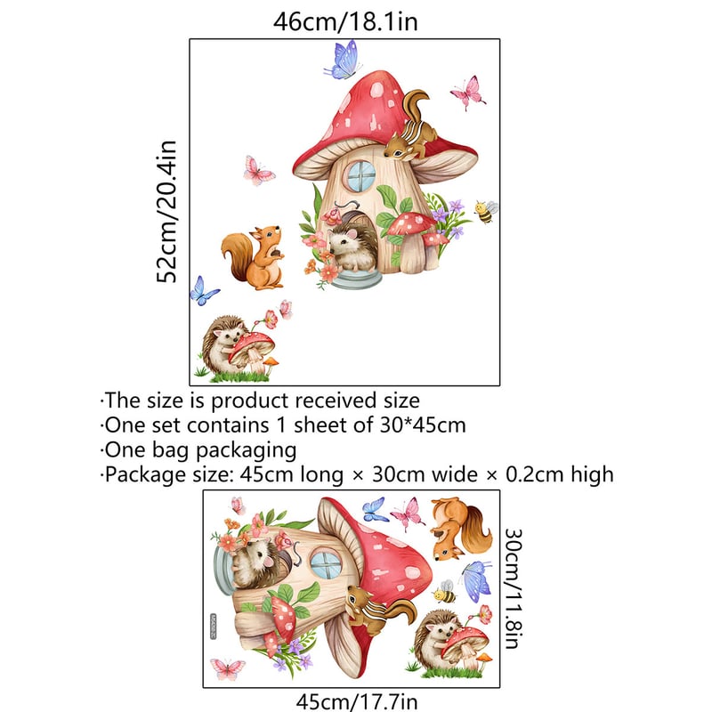 MS4268 Autocolant de perete nou cu arici, veveriță și căsuță cu ciuperci de desene animate pentru camera copiilor, sufragerie și dormitor