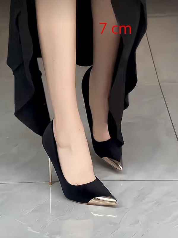 Pantofi negri pentru damă cu toc înalt, 7cm, stil nou primăvară/toamnă 2025, vârf ascuțit metalic, toc stiletto, decolteu jos, piele întoarsă, stil franțuzesc, pantofi simpli și sexy.