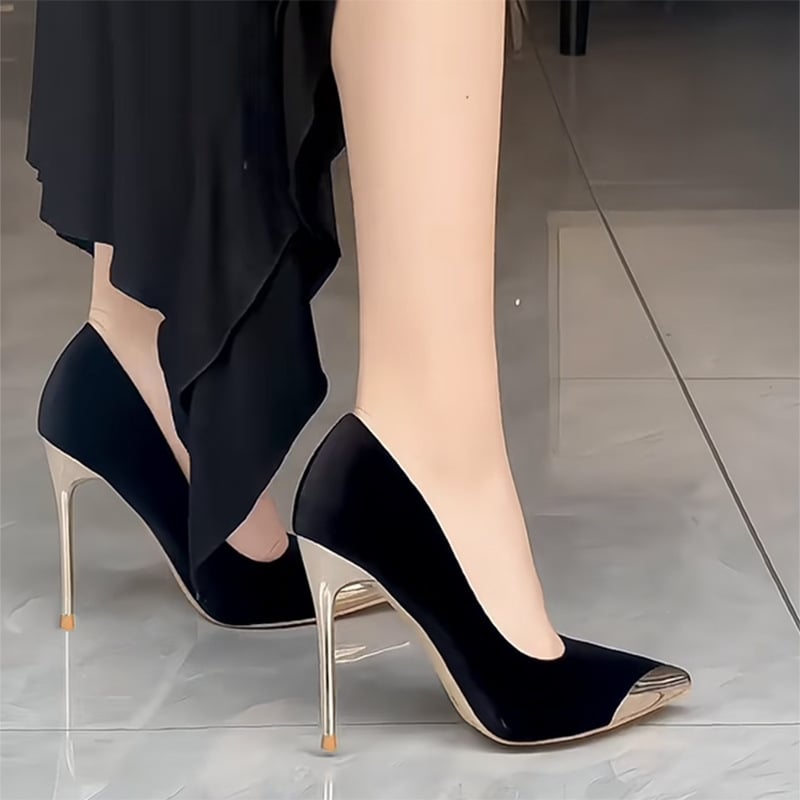Pantofi negri pentru damă cu toc înalt, 7cm, stil nou primăvară/toamnă 2025, vârf ascuțit metalic, toc stiletto, decolteu jos, piele întoarsă, stil franțuzesc, pantofi simpli și sexy.