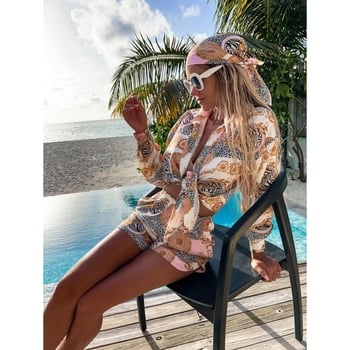 Set de vară format din cămașă cu mânecă lungă și pantaloni scurți cu închizătoare la un singur rând de nasturi și imprimeu zebră și leopard, pentru o vacanță pe plaja Sanya.