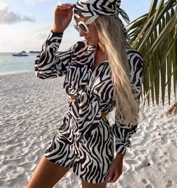 Set de vară format din cămașă cu mânecă lungă și pantaloni scurți cu închizătoare la un singur rând de nasturi și imprimeu zebră și leopard, pentru o vacanță pe plaja Sanya.