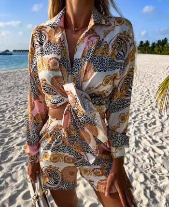 Set de vară format din cămașă cu mânecă lungă și pantaloni scurți cu închizătoare la un singur rând de nasturi și imprimeu zebră și leopard, pentru o vacanță pe plaja Sanya.