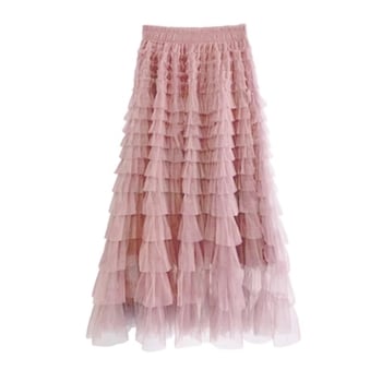 Черна пола тип „торта“ за дребни жени, нов пролетно/летен стил, дантелена мрежеста пола, бухнала пола