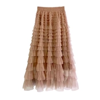 Черна пола тип „торта“ за дребни жени, нов пролетно/летен стил, дантелена мрежеста пола, бухнала пола