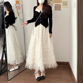 Черна пола тип „торта“ за дребни жени, нов пролетно/летен стил, дантелена мрежеста пола, бухнала пола