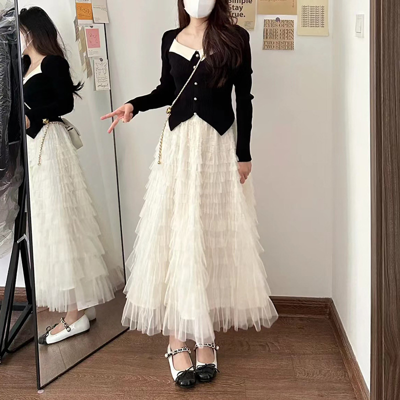 Черна пола тип „торта“ за дребни жени, нов пролетно/летен стил, дантелена мрежеста пола, бухнала пола