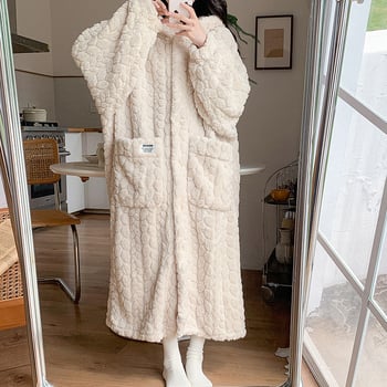 2025 Нов есенно/зимен дамски удебелен дълъг халат от коралов полар, зимна нощница, пижама, домашно облекло