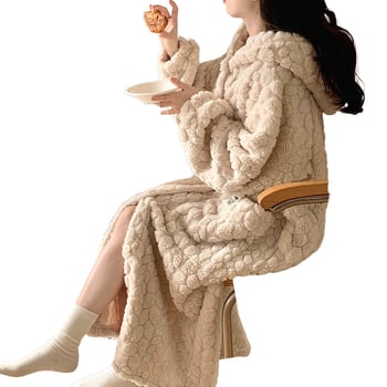 2025 Нов есенно/зимен дамски удебелен дълъг халат от коралов полар, зимна нощница, пижама, домашно облекло