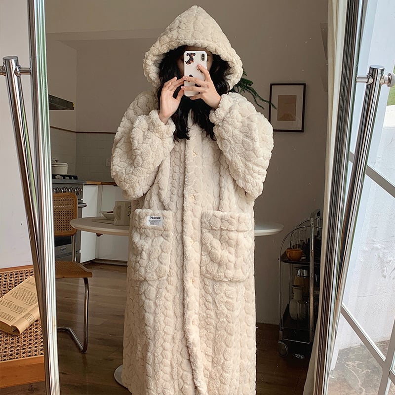 2025 Нов есенно/зимен дамски удебелен дълъг халат от коралов полар, зимна нощница, пижама, домашно облекло